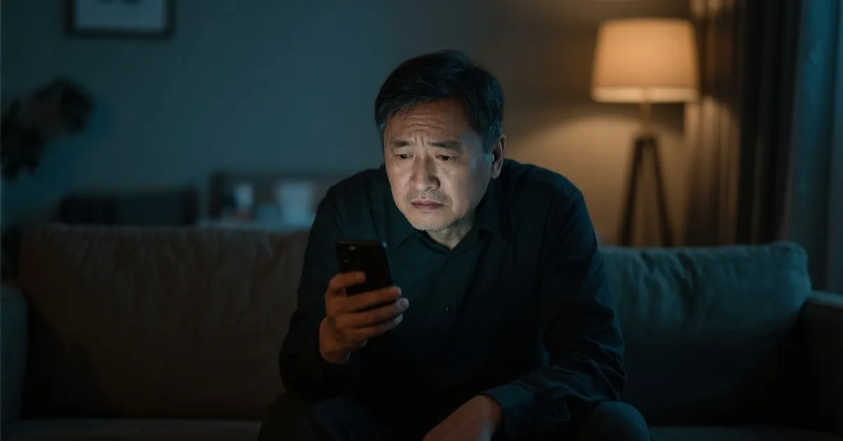 握着手机、面露焦虑的中年人坐在低光室内