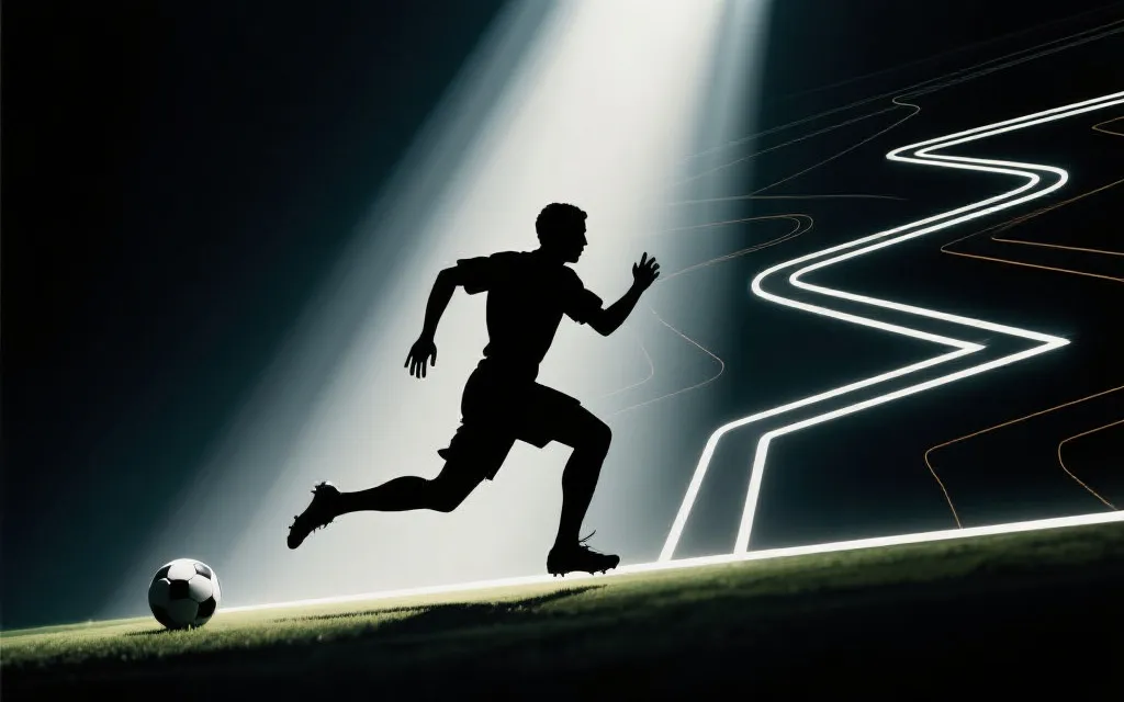 球员剪影在聚光灯下冲刺，背景为淘汰赛树状图的概念海报